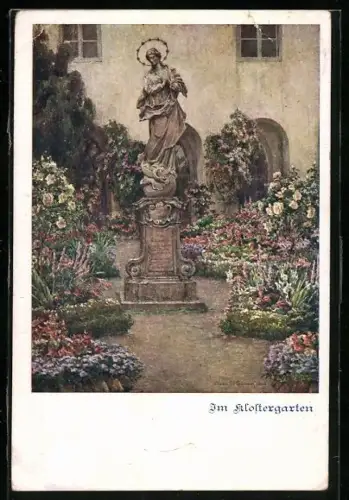 AK Deutscher Schulverein NR 1358: Hans Götzinger, Heiligenstatue im Klostergarten