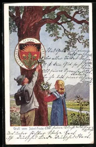 AK Deutscher Schulverein: Gruss vom Jubel-Feste, Mann und Frau mit Blumen am Baum