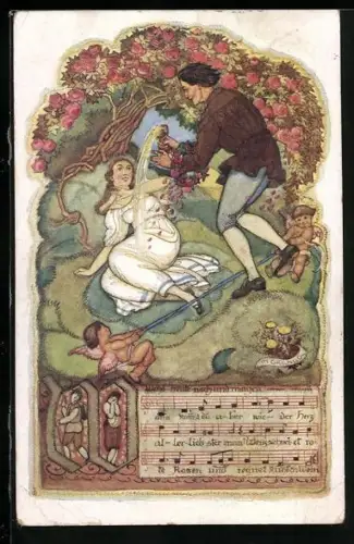 AK Deutscher Schulverein Nr. 1264: Wohl heute noch und morgen..!, Mann verschüttet Kelch über Frau