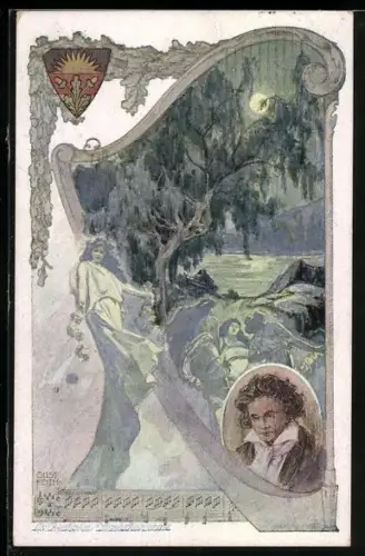 Künstler-AK Ludwig v. Beethoven, Mondscheinsonate, Porträt, Harfe