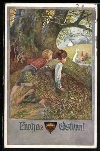 AK Deutscher Schulverein Nr. 573: Zwei Jungen beobachten Osterhasen, Ostergruss