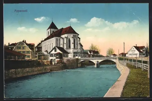 AK Appenzell, Kirche mit Brücke
