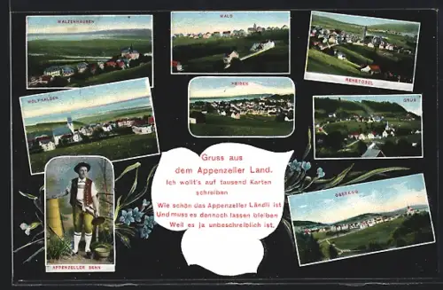 AK Walzenhausen /Appenzeller Land, Ansichten von Wald, Rehetobel, Wolfhalden, Heiden Grub, Oberegg, Apenzeller Senn