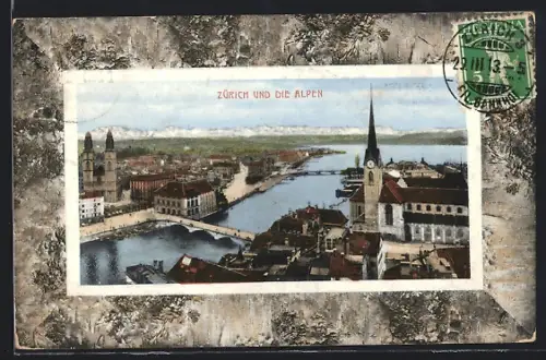 AK Zürich, Teilansicht mit Blick auf die Alpen