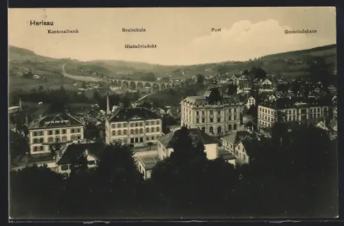 AK Herisau, Panorama mit Kantonalbank, Post und Gemeindehaus