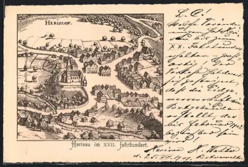Künstler-AK Herisau, Teilansicht im XVII. Jahrhundert