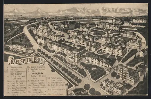 Künstler-AK Bern, Inselspital mit Spitalapotheke, Poliklinik u. Neuer Augenklinik Prof. Siegrist