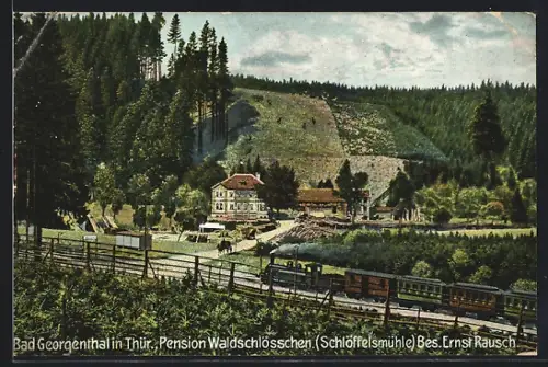 AK Bad Georgenthal in Thür., Pension Waldschlösschen mit Eisenbahnzug