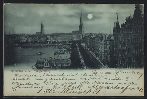 Mondschein-AK Hamburg-Neustadt, Alter Jungfernstieg mit Alster und Kirchen