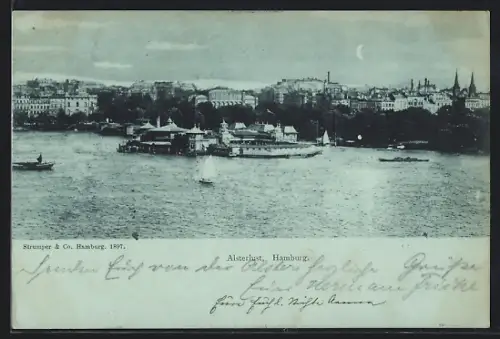 Mondschein-AK Hamburg-St.Georg, Alsterlust mit Booten
