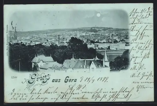 Mondschein-AK Gera, Stadtansicht mit Schloss und Industrieanlagen