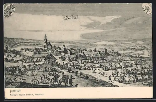 Künstler-AK Buttstädt, Historische Stadtansicht mit Kirche