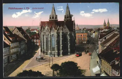 AK Mühlhausen i. Th., Untermarkt mit Strassenbahn