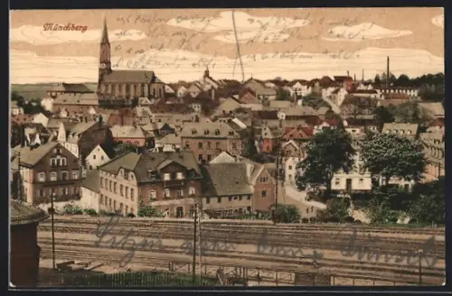 AK Münchberg, Stadtansicht mit Kirche und Bahnanlagen