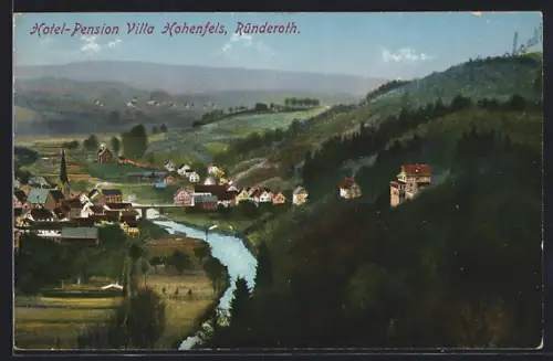 AK Ründeroth, Hotel Villa Hohenfels, Inh. G. Spaeing, Ortsansicht mit Fluss