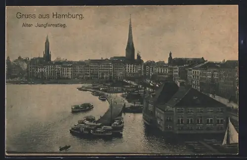 AK Hamburg-Neustadt, Alter Jungfernstieg vom Wasser mit Kirchen