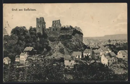 AK Castellaun, Teilansicht mit Burgruine