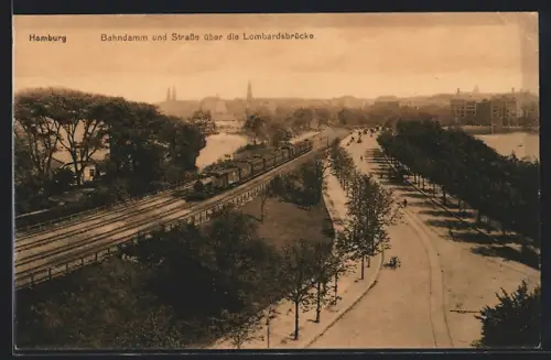 AK Hamburg-Neustadt, Bahndamm und Strasse über die Lombardsbrücke