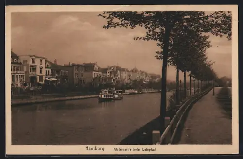 AK Hamburg-Winterhude, Alsterpartie beim Leinpfad, Ausflugsdampfer