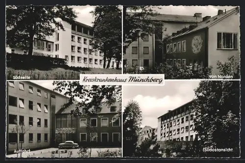 AK Münchberg / Obfr., Kreiskrankenhaus-Südseite, Ansicht von Norden, Auffahrt, Südostansicht