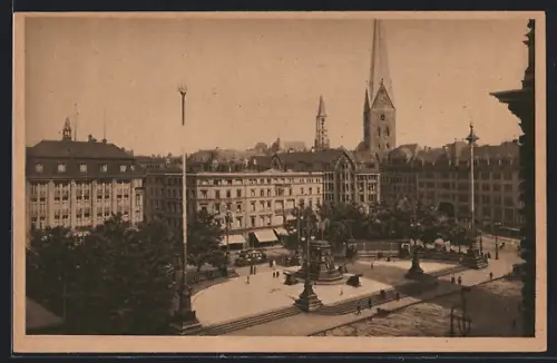 AK Hamburg, Rathausmarkt mit Denkmal und Kirche