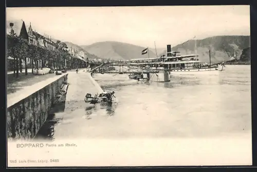 AK Boppard, Partie am Rhein mit Personendampfer