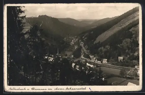 AK Mellenbach im oberen Schwarzatal, Blick auf den Ort und Blumenau mit Umgegend