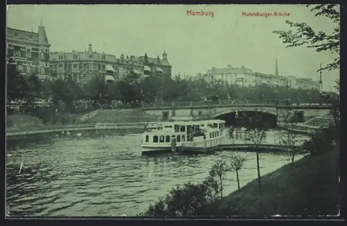 AK Hamburg-Uhlenhorst, Blick zur Mundsburger-Brücke, Dampfer