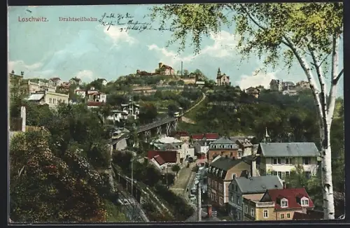 AK Loschwitz, Panorama mit Drahtseilbahn