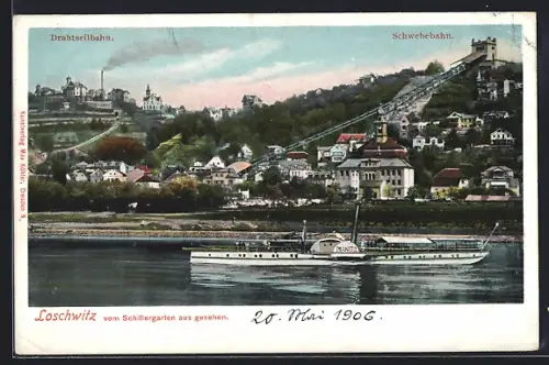 AK Loschwitz, Dampfer Pillnitz passiert Schwebebahn u. Drahtseilbahn