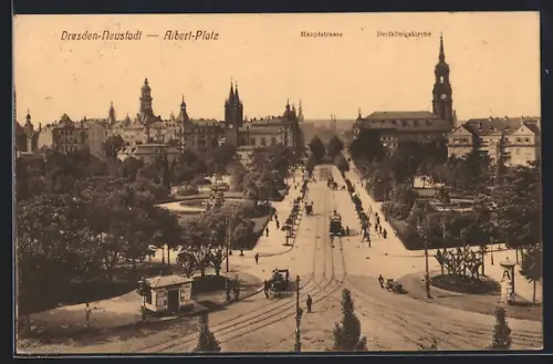 AK Dresden-Neustadt, Albert-Platz, Hauptstrasse Dreikönigskirche