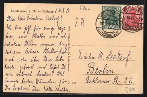 AK Mühlhausen i. Th., Blick auf das Rathaus