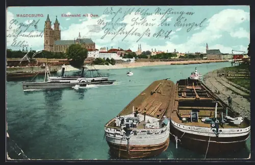 AK Magdeburg, Elbansicht mit Dom, Dampfer, Schleppkähne