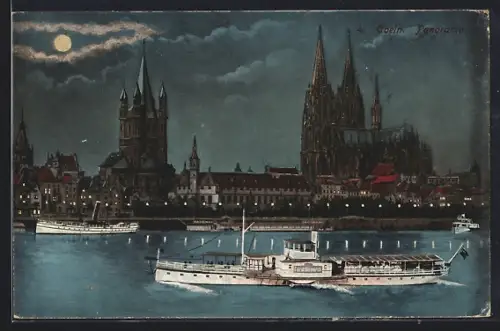 AK Köln, Nachtpanorama vom Rhein mit Dampfer Fürst Bismarck