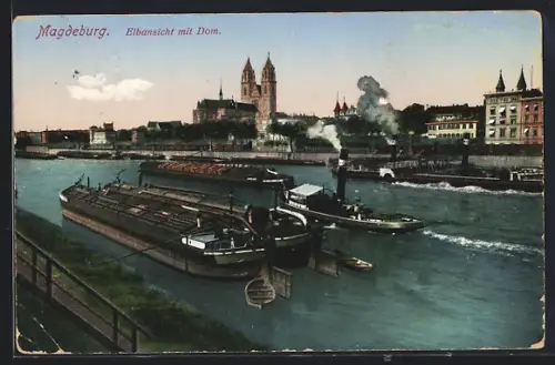 AK Magdeburg, Elbansicht mit dem Dom, reger Schiffsverkehr