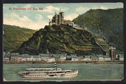 AK St. Goarshausen, Ortsansicht mit Burg Katz, Dampfer