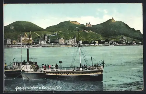 AK Königswinter, Teilansicht und Drachenfels mit Boot Königswinter