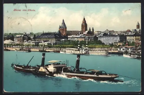 AK Mainz am Rhein, Raddampfer fährt an der Stadt vorbei