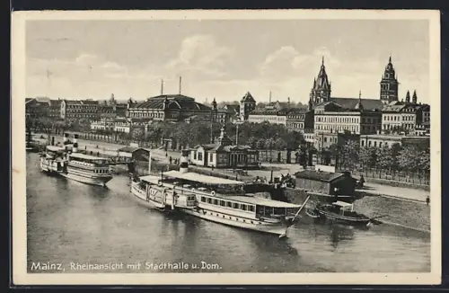 AK Mainz, Rheinansicht mit Stadthalle und Dom