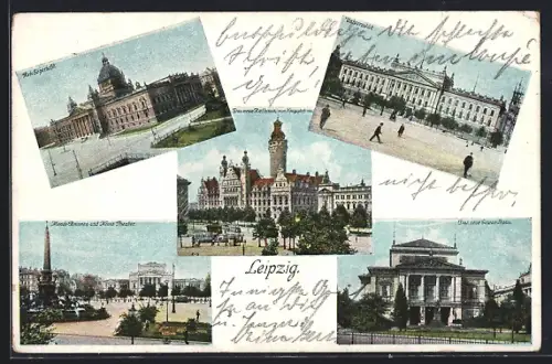 AK Leipzig, Reichsgericht, Universität, Neues Rathaus, Mende-Brunnen, Neues Gewandhaus