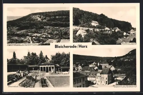 AK Bleicherode, Schwimmbad, Waldhaus Japan und Vogelbergklippen mit Waldschlösschen