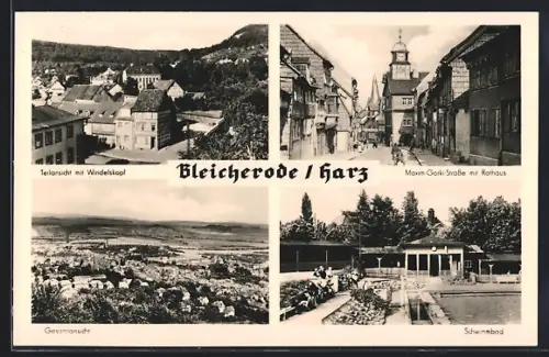 AK Bleicherode /Harz, Teilansicht mit Windelskopf, Maxim-Gorki Strasse mit Rathaus, Schwimmbad
