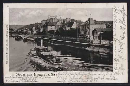 AK Pirna a. d. Elbe, Elbpartie mit Dampfer