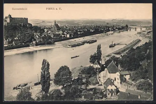 AK Pirna a. E., Panorama mit Elbe und Sonnenstein