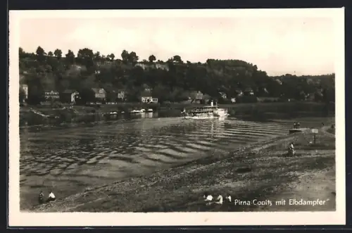 AK Pirna-Copitz, Partie an der Elbe mit Dampfer