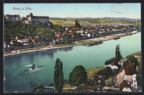 AK Pirna, Ortsansicht mit Dampfschiff auf der Elbe