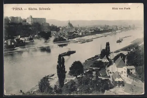 AK Pirna, Blick von Posta, Elbe mit Dampfer und Lastkahn