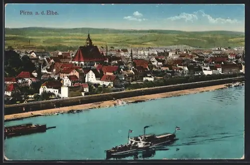 AK Pirna, Blick über die Elbe auf den Ort, mit Dampfschiff