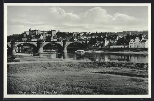 AK Pirna a. d. Elbe, Teilansicht mit Elbe und Elbrücke