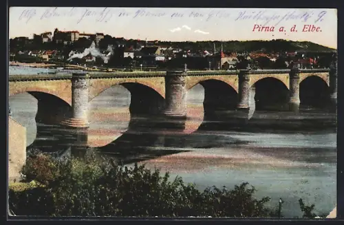 AK Pirna a.d. Elbe, Blick auf die Brücke über die Elbe